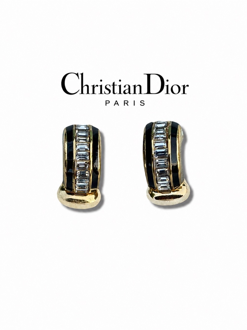 Dior Gold and Black Crystal Clip-On Hoop Earrings (NO BOX) - Picture 3 of 5